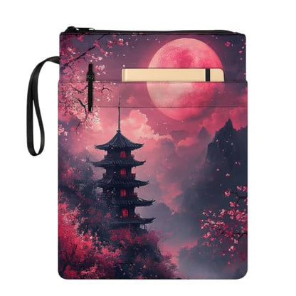 Padded Book Sleeve with Zipper & Front Pocket, Fabric Book Cover | Pagoda Blood Moon11.4"x8.7" Washable Canvas Pouch for Hardcovers, Tablets & Reading Accessories - color: Pagoda Blood Moon