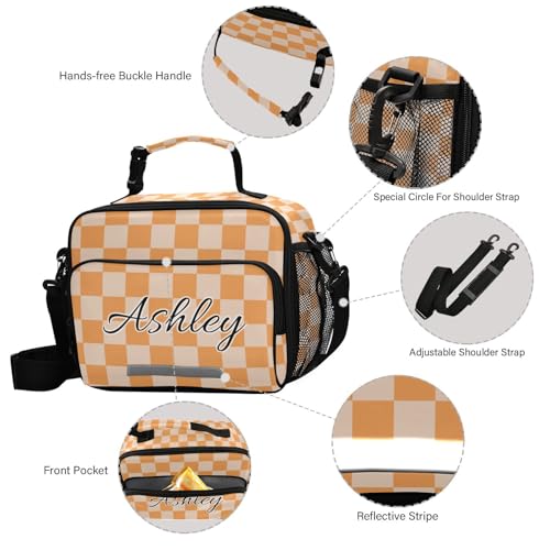 Custom Student Lunch Bag for Boys Girls Orange Checkerboard Personalized Lunch Box With Name Insulated Cooler Bag for School Picnic Travel - color: Multi11
