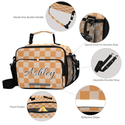 Custom Student Lunch Bag for Boys Girls Orange Checkerboard Personalized Lunch Box With Name Insulated Cooler Bag for School Picnic Travel - color: Multi11
