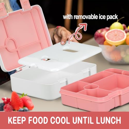 Kids Bento Lunch Box with Ice Pack, 5 Compartments Leak-Proof Bento Box with Utensils, 5.5-Cup Capacity for Adults & Ages 8+, BPA Free, Microwave & Dishwasher Safe, Pink - color: Pink