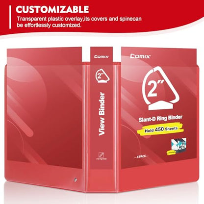 COMIX Sturdy 3 Ring Binder 2 inch with Clear View Cover, 2" Slant-D Ring View Binder Holds 500 Sheets of US Letter Size Paper, 6 Pack (Red) - color: Red, size: 2 inch