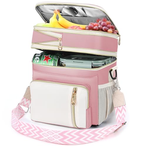 LOKASS Lunch Box & Lunch Bag for Women Men Double Deck, Large Insulated Adult Lunch Box Leakproof Lunchbox Cooler Bag for Work Picnic Beach,（Pink&White 16L） - color: Pink 1
