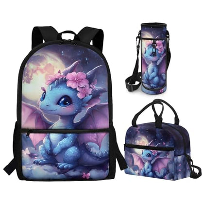 CLOHOMIN Dragon Kids Bookbag Set of 3 with Lunch Box for Girls 8-10/10-12 Middle School Backpacks for Kids Lunch Bag + Water Bottle Bag Student School Book Bags Set 4th/5th Grade Lunch Tote Bag - color: Dragon