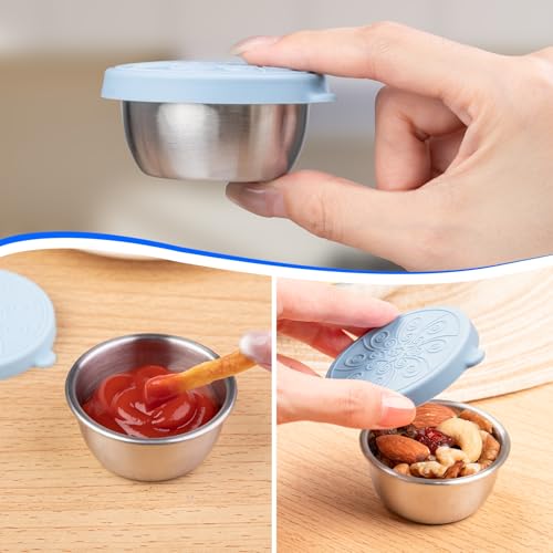 MICEBAY 8-Pack Salad Dressing Container To Go, 2-oz Silicone Small Condiment Squeeze Bottles and 1.6 oz Stainless Steel Sauce Containers Cups, Leakproof Condiment Containers with Lids for Lunch Box - color: Blue, size: 2-oz