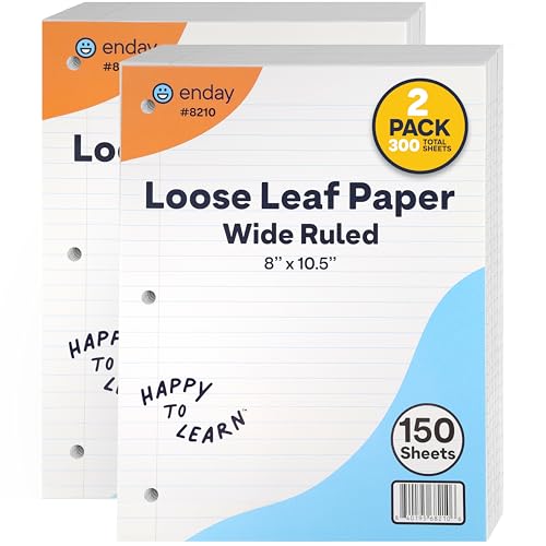 Loose Leaf Paper Notebook Paper, 8" x 10.5" Filler Paper White, 3 Hole Punched Binder Paper for 3 Ring Binders, Lined Paper 150 Sheets Per Pack - By Enday - size: 2 Pack