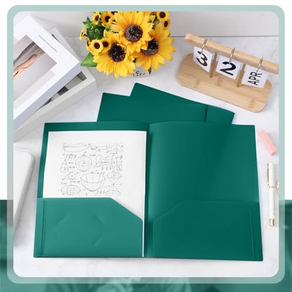 Gueevin 50 Pcs Plastic Folders with Two Pockets, Back to School Two Pocket Folder Fit Letter Size, Heavy Duty School Business Card Holder for Home Office Teachers(Dark Green) - color: Dark-green