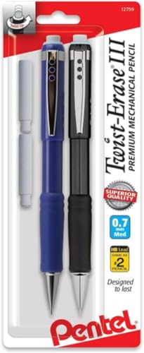 Pentel Twist-Erase III Mechanical Pencil, (0.7mm), Assorted Barrel Colors with 2 Eraser Refills, Pack of 2 (QE517BP2) - size: 1 Count (Pack of 1)