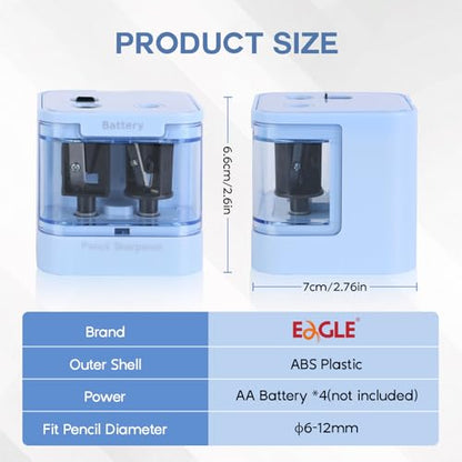 Eagle Electric Pencil Sharpener, Dual Holes, Battery Powered for School/Office/Art, 5s Fast Sharpening, Portable w/Large Shaving Tray & Replaceable Blades, for 6-12 mm Pencils(Blue) - color: Blue