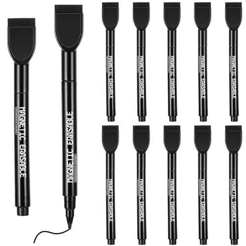12 Pcs Magnetic Black Dry Erase Markers, 0.5 mm Ultra Fine Tip | Magnetic Extra Fine Tip Whiteboard Marker with Built-in Eraser, Low Odor Ink Fine Point Whiteboard Markers for Office Home