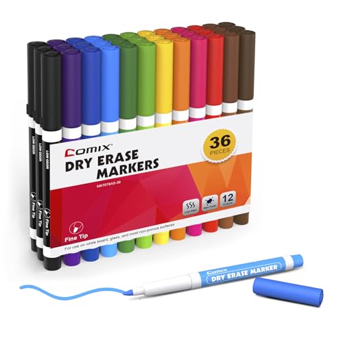 Comix Low Odor Dry Erase Markers, Fine Tip Whiteboard Markers, 36 Bulk 12 Assorted Colors Markers for Kids Teachers Office & School Supplies - color: 36 Count 12 Colors