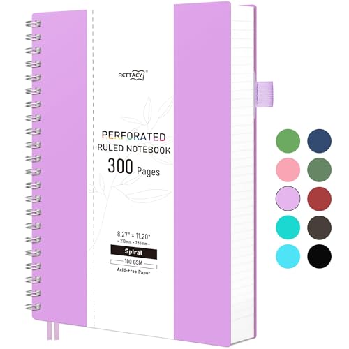 RETTACY Spiral College Ruled Notebook, 300 Perforated Pages (8.2" x 11.2") | 100 GSM Thick Paper, Flexible Plastic Cover, for School, Work, Writing, Journaling (Lilac) - color: Lilac