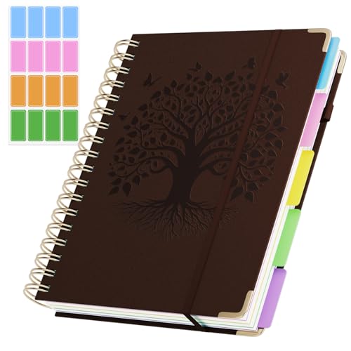 QIYVLOS Hardcover Spiral Notebook, B5 Journal with Removable Dividers Tabs, 5 Subject Notebook College Ruled, 320 Pages 8"x10" Leather Notebooks for Work School Study, Lined Journal for Women, Brown - color: B5/Brown