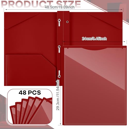 Henoyso 48 Pcs Plastic Folder with Clear Front Pocket and 3 Prongs Heavy Duty Plastic Folders with Card Slot Pocket Folders with Prongs for School Office Home(Dark Red) - color: Dark Red