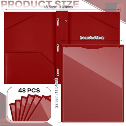 Henoyso 48 Pcs Plastic Folder with Clear Front Pocket and 3 Prongs Heavy Duty Plastic Folders with Card Slot Pocket Folders with Prongs for School Office Home(Dark Red) - color: Dark Red