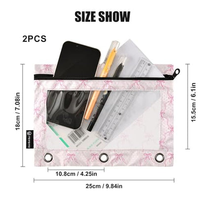 Wamika Bowknot Pink Binder Pouches 3 Ring for Boys Girls School Office College Supplies Cute Bow Ribbon Tie Pencil Pouches Case Bag with Clear Window and Zipper 2 pack - color: Pink bow