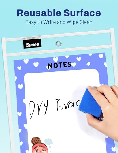 SUNEE 6 Packs Oversized Reusable Dry Erase Pocket Sleeves with Ring, White 10x14 Ticket Holders, Clear Plastic Sheet Protectors, Teacher School Classroom Supplies - color: White, style: 6 Pack