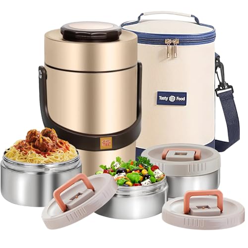 67oz Upgraded Thermos for Hot Food, 3-Layer Stackable Food Thermos, Soup Thermos Jar with Insulated Bag, Ideal for Office, Outdoor Meals, and Various Occasions (67 oz Gold) - color: 67 oz Gold