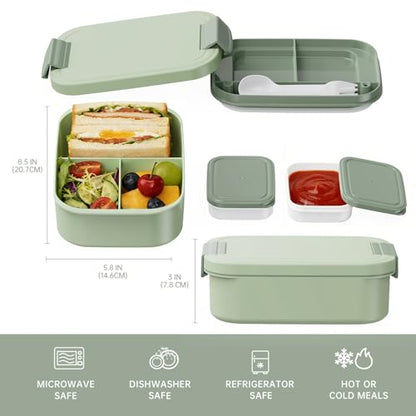 JBGOYON 4-in-1 Bento Box and Insulated Lunch Bag Set, Gray/Green | 6-hour insulation, 7.5 L lunch bag, leakproof 1.9 L container with 2 sauce cups, fork and spoon, 2 snack bags, BPA-fre - color: Light Green