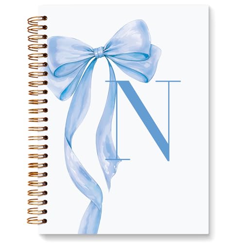 JXREQ Coquette Blue Bow Personalized Notebook, Initial Letter N Monogram Journal, Preppy Girly Ribbon Bow Journal, Monogrammed Gifts for Women, Aesthetic Spiral Notebook 5.5x8.3 - color: N Blue