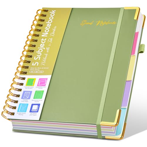 Hardcover Spiral Notebooks for Work, 5 Subject Notebook College Ruled with Dividers Tabs, Lined Organizer Notebook Journal for Women, 240 Pages Small A5 Notebooks for School Note Taking, 5x7 Green - color: Paper-green, size: A5（6.2" x 8.2"）