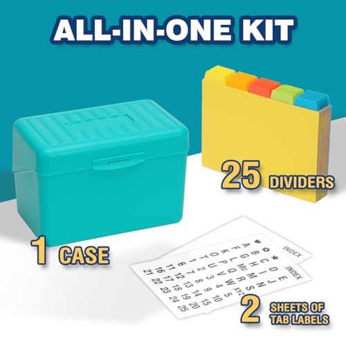 H4D Index Card Holder 4x6 Inches with 25 Plastic Dividers, Teal - color: Teal, size: 4x6 inch