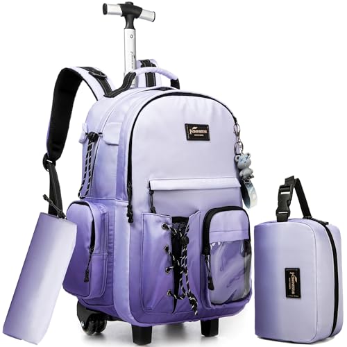 Kids Backpack with Wheels Kids Rolling Backpack Suitcase Carry on Luggage Backpacsk with Wheels for Teens Boys Girls Rolling Backpacks for Elementary Middle High School Students - color: Gradient Purple Gray