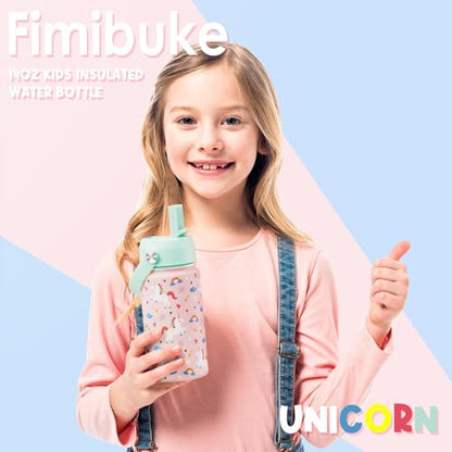 Fimibuke Kids Insulated Water Bottle, 14oz BPA FREE Double Wall Vacuum Tumbler 18/8 Stainless Steel Leak Proof Kids Cups with Straw Metal Water Bottle for School Boys Girls, 2 Pack - color: Fairy & Mermaid