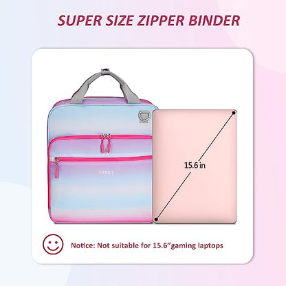 Ytonet Zipper Binder 3 Ring, 3 Inch Binder with Zipper Fit 15.6 in Laptop, 600 Page Extra Large Multi-Pocket School Binders Organizer with Shoulder Strap Handle for Girls Kids Women Student, Blue-Pink - size: 3 inch