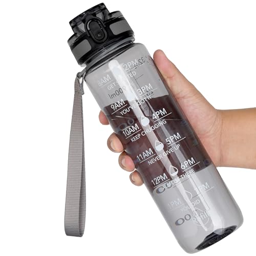 OLDLEY Water Bottle, 32oz Motivational Sports Water Bottle with Time Marker - Times to Drink - Tritan, BPA Free, Wide Mouth Leakproof,Smoke Grey - color: Smoke Grey