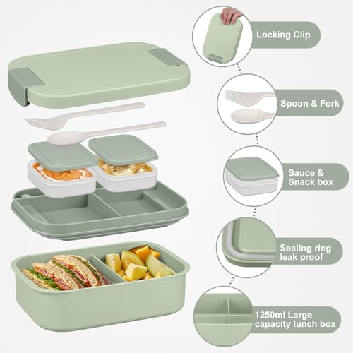 Large Bento Lunch Box Set for Adults Kids Women with 10.5oz Soup Thermo,Coffee Tumblers Men Girls Boys Teenagers Leak-Proof Lunch Food Containers with Lunch Bag - color: Green