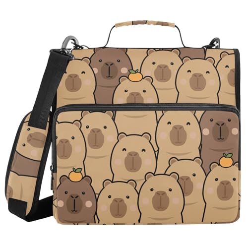 Cute Capybara with Orange 3 Ring Binder Bag 1.5 inch Binder Organizer with Zipper Shoulder Strap 500 Sheet Documents Storage for School Office - color: A015, size: 13.6 x 12.4 x 3.5 in