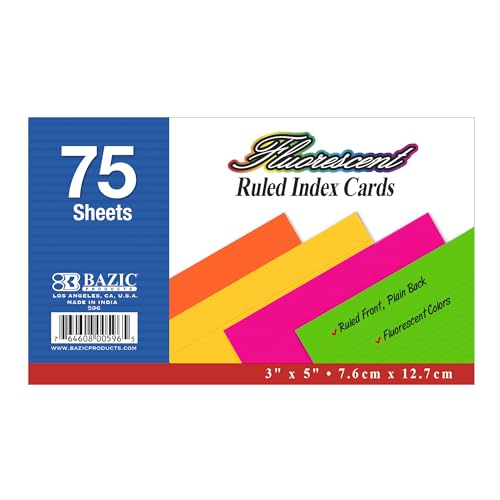 BAZIC 75 Count 3" X 5" Ruled Fluorescent Colored Index Card (596) | fully colored fluorescent ruled index cards, Whole card is neon, Ruled front, plain back - color: Assorted, size: 1-Pack