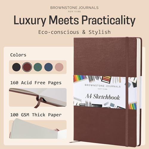 BROWNSTONE JOURNALS A4 Sketch Book Hardcover - 80 Sheets 100 GSM Paper 8.5"x11.5", Lay Flat, Vegan Leather Cover, Elastic Band, Back Pocket, Art Drawing Book (Chestnut Brown) - color: Chestnut Brown, size: A4 (8.5" x 11.5")