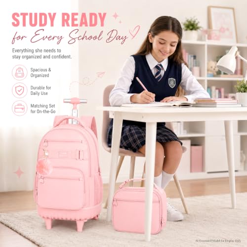 3Pcs Rolling Backpack for Girls Women, 19 Inche School Roller Backpacks with Wheels, Adults Wheeled Bookbag with Lunch Box(Pink) - color: Classic Pink