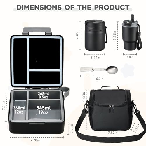 Pawtong Lunch Box Set with Bento Box Container, 17OZ Stainless Steel Food Soup Thermo, Kids Water Bottle & Portable Insulated Lunch Bag – Leakproof, Hot/Cold Retention for School, Travel (Black) - color: Black