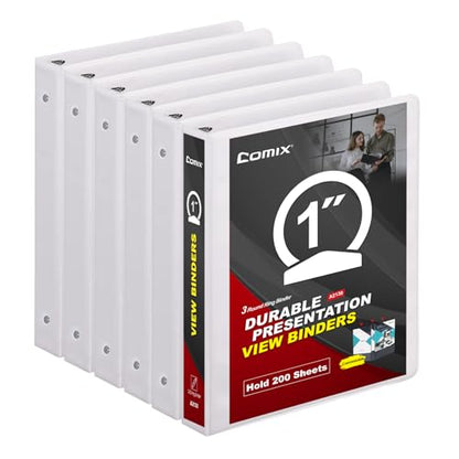 COMIX Sturdy 3 Ring Binder 1 inch with Clear View Cover, 1" Round Ring View Binder, PVC-Free, 200 Sheets Capacity of US Letter Size Paper, Office ＆ School Supplies, 6 Pack (White) - color: White, size: 1 Inch, style: 6 Pack