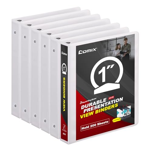 COMIX Sturdy 3 Ring Binder 1 inch with Clear View Cover, 1" Round Ring View Binder, PVC-Free, 200 Sheets Capacity of US Letter Size Paper, Office ＆ School Supplies, 6 Pack (White) - color: White, size: 1 Inch, style: 6 Pack