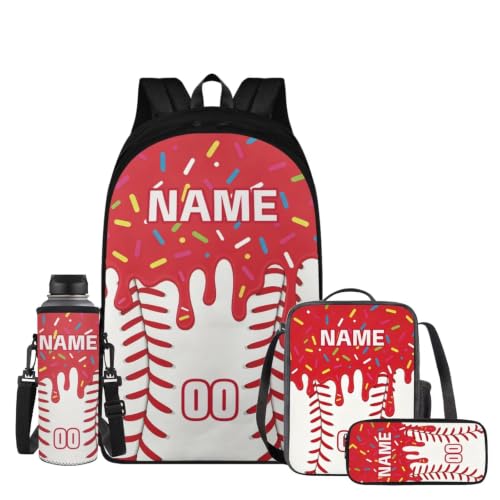 Personalized Baseball Drip School Backpack Kids Bookbag for Boys Girls,Custom Text Name Number 4 Piece Red Ice Cream Baseball Backpacks with Lunch Box, Pencil Case & Water Bottle Sleeve - color: Y-custom