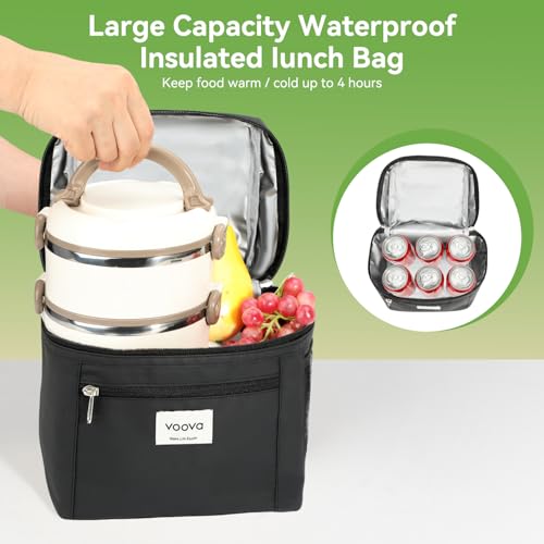 Voova Stackable Stainless Steel Thermal Lunch Box with Lunch Bag for Women Men Adult, 2 Tier Leakproof & Microwave Safe Insulated Bento Boxes Food Container for Work, Black - color: Black
