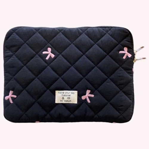 Cute Puffy Laptop Sleeve 13 Inch, Quilted Protective Case with Bow Embroidery, Coquette Y2K Preppy Kawaii Aesthetic Bag for 13” 14" Mac-Book & Laptops - color: Black-Bow