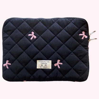 Cute Puffy Laptop Sleeve 13 Inch, Quilted Protective Case with Bow Embroidery, Coquette Y2K Preppy Kawaii Aesthetic Bag for 13” 14" Mac-Book & Laptops - color: Black-Bow