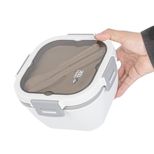 Restaurantware-Bento Tek 57.5 Ounce Bento Box, 1 Reusable Lunch Container - With Fork And Knife, Does Not Contain BPA, White And Gray Plastic Reusable Lunch Box, Microwavable, Dishwashable - size: 1 Count, style: 58 oz - White