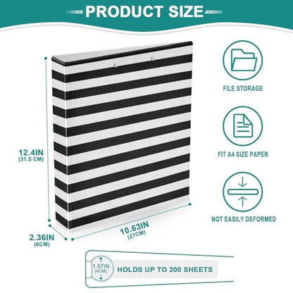 3 Ring Binder - 1.5 Inch Black and White Striped Binder Organizer with 2 Pockets for Home Office Supplies - color: Black and White Striped