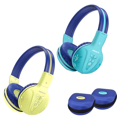 SIMOLIO 2 Pack Wireless Kids Headphones with Share Port, Bluetooth 6.0 w/Mic for Toddler Teens, 75/85/94dB Volume Limit, Foldable Stero Headsets w/Travel Case for School iPad Tablet, USB C Charging - color: Mint & Yellow
