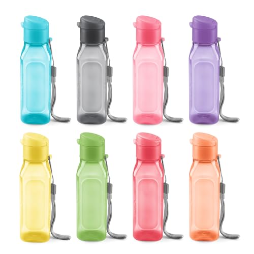 Bulk Set of 8 - 10oz Multicolor Water Bottles for Kids and Adults - Leak Proof With Carry Strap - Square Reusable for Juice, Drinks - BPA-Free Dishwasher-Safe - color: 8 pack combo