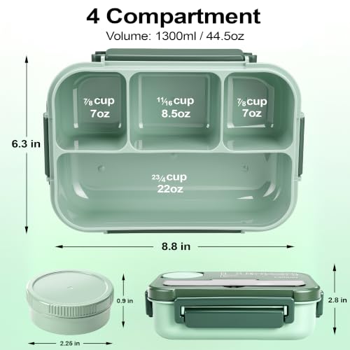 Bento Box Adult Lunch Box, Lunch Containers for Adults 44.5 Oz/5 Cup, Green | BPA-Free, Lid-Top Sauce Tray, Leak-Proof, 1300mL, Removable Silicone Sealing Ring, Lid-Top Utensil Slot with Included Cutlery - color: Green