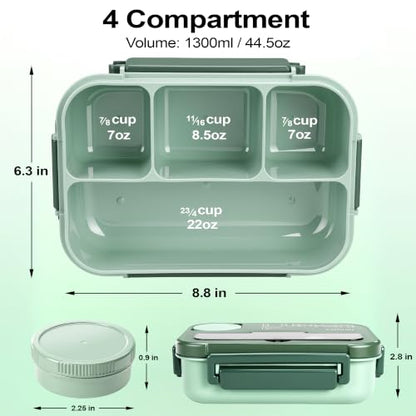 Bento Box Adult Lunch Box, Lunch Containers for Adults 44.5 Oz/5 Cup, Green | BPA-Free, Lid-Top Sauce Tray, Leak-Proof, 1300mL, Removable Silicone Sealing Ring, Lid-Top Utensil Slot with Included Cutlery - color: Green