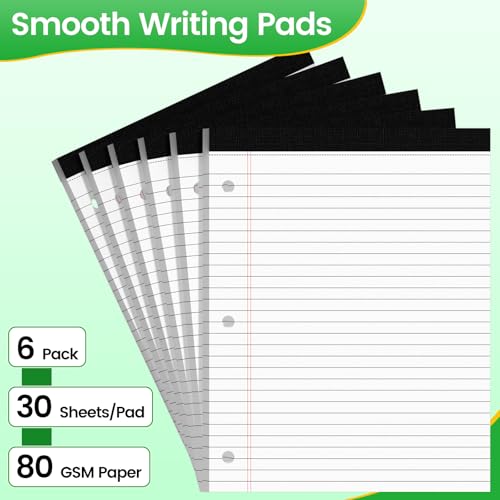 3 Hole Legal Pad 8.5 x 11, 6 Pack White Note Pads, Notebook Paper Wide Ruled, Writing Paper Pads, Notepads with Binder Holes, Lined Paper 8.5x11, Ideal for School, Home, Office, 30 Sheets/Pack - style: 6 Pack-30 Sheets/Pad-White