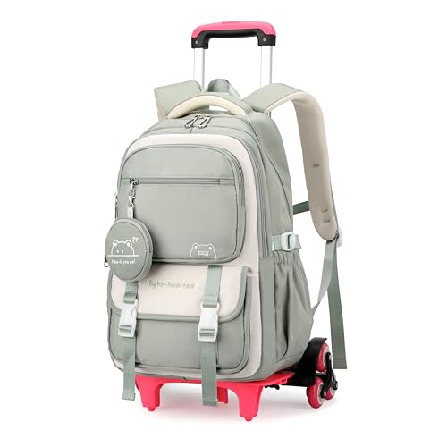 Rolling Backpack for Girls Kids Backpack with Wheels Elementary School Roller Bookbag Trolley School Bag for Travel Green - color: 05-6 Wheels-green, size: 6 Wheels