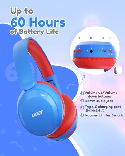 acer Kids Bluetooth Headphones, 85/94dB Volume Limited, 60H Playtime, Bluetooth 6.0, Lightweight Over-Ear Wireless Headphones for Kids, Toddler Headphones with Built-in Mic, Blue Red - color: Blue Red